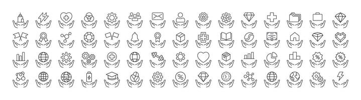 Time, Gem, Health etc over Open Hand Line Icon Bundle. Outline Signs for Graphic and Web Design, Apps, Adverts, Various Cards vector