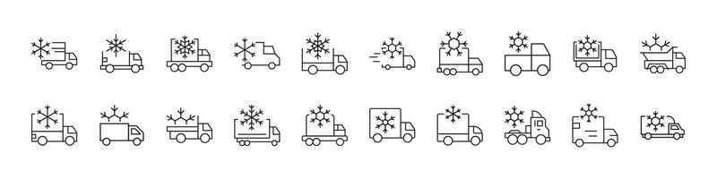 Delivery Truck with Snow Thin Line Icon Set. Outline Signs for Graphic and Web Design, Apps, Adverts, Various Cards vector