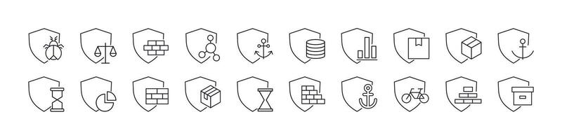 Box, Brick Wall, Anchor by Shield Line Icon Bundle. Outline Signs for Graphic and Web Design, Apps, Adverts, Various Cards vector