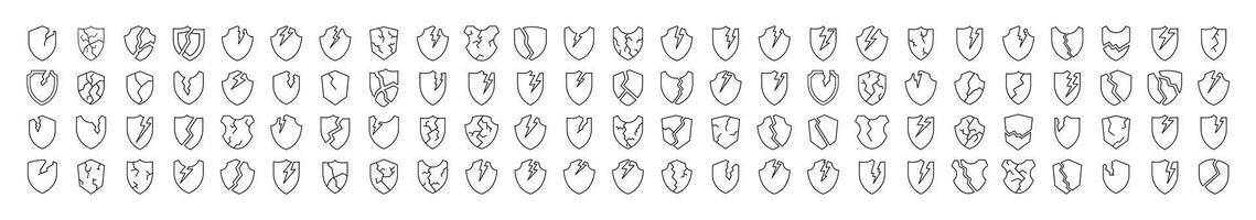 Set of Broken Shield Related Line Icons. Outline Signs for Graphic and Web Design, Apps, Adverts, Various Cards vector