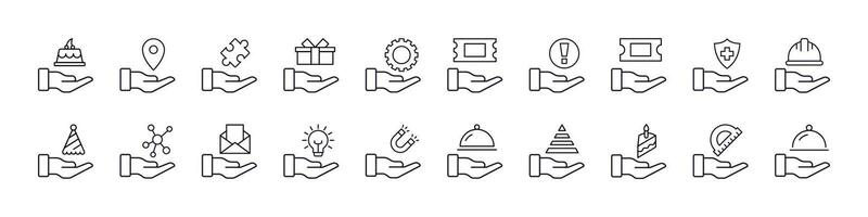 Bundle of Helmet, Food, Mail etc on Hand Related Line Icons. Outline Signs for Graphic and Web Design, Apps, Adverts, Various Cards vector