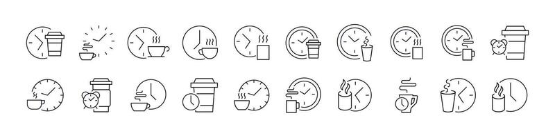Coffee Break Thin Line Icon Set. Coffee and Clock Outline Signs for Graphic and Web Design, Apps, Adverts, Various Cards vector