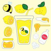 Lemonade Drink with bee cartoon cute Lemon honey soda and ice cubes ingredients summer juice illustration hand drawn vector