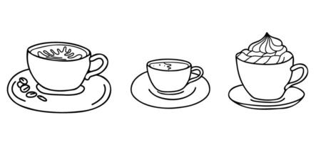 Coffee Cups Set. Cappuccino, Americano or Espresso, with whipped Cream. Cozy Black and white Sketch illustration in Doodle style. Ideal for beverage branding, cafe menu and graphic design projects. vector
