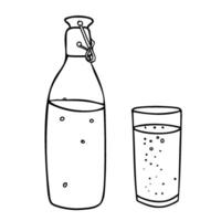 Glass and Bottle with porcelain cap Set. Soda, Lemonade, Water with Bubbles or a Fizzy Drink. Black and white outline drawing. Minimalist style illustration in Doodle Style isolated on a background vector