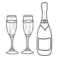 Champagne or Sparkling Wine Glass and Bottle in doodle style. minimalistic illustration isolated on white background. Doodle style. Line art. vector
