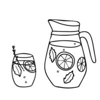 Lemonade Jug and Glass Set. Summer refreshment beverage with Lemon and mint. Hand drawn illustration in Doodle style isolated on a background. For restaurant menus and graphic design projects. vector