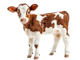 Young brown and white calf standing isolated on transparent background png