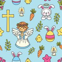 Seamless Easter pattern with praying angels, cute bunnies, chicks, stars, and candles. A joyful spring design perfect for textiles, wrapping paper, and children projects. vector