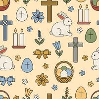 Seamless Easter pattern with bunnies, crosses, candles, eggs, and flowers in soft spring colors. Ideal for wrapping paper, fabric, cards, and seasonal designs. vector