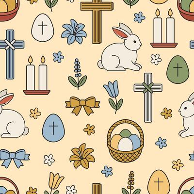 Seamless Easter pattern with bunnies, crosses, candles, eggs, and flowers in soft spring colors. Ideal for wrapping paper, fabric, cards, and seasonal designs.