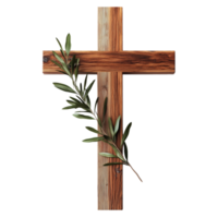 A wooden cross with an olive branch isolated on transparent background png