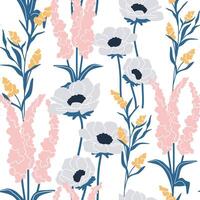 Seamless pattern with white, pink and yellow flowers. Ideal for botanical and spring designs. vector