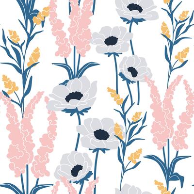 Seamless pattern with white, pink and yellow flowers. Ideal for botanical and spring designs.