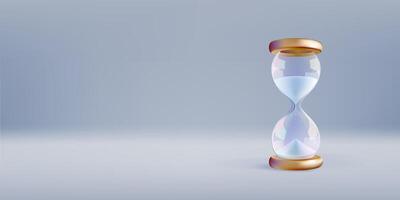3d white hourglass banner template. Time budget concept on grey background. Glass running clock, miss time. Shop hour period alarm countdown. transparent sandglass, minimal gold timer concept vector