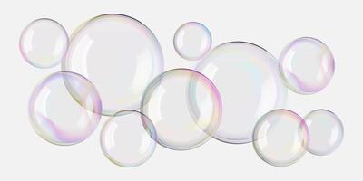 Soap 3d bubble set of sphere and circle. Glass foam float on black. Rainbow gradient ball flare, liquid drop air blown. Reflect white lights. Realistic shampoo, purified clean and clear water vector