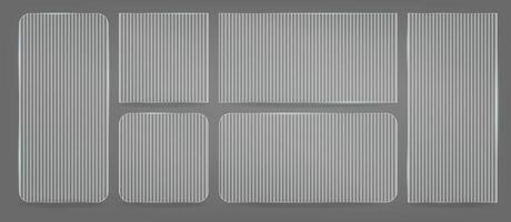 Plastic or plexiglass plates overlay. Textured for bath glass rectangular panel. Glossy square screen frame set. Realistic badge board effect. Vintage blurry repeat relief stand. vector