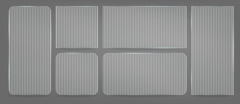 Plastic or plexiglass plates overlay. Textured for bath glass rectangular panel. Glossy square screen frame set. Realistic badge board effect. Vintage blurry repeat relief stand.
