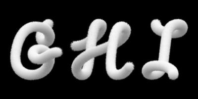 Furry pompon G, H, I 3d typography. Hairy capital script, fuzzy soft plush character. Puffy toy texture. Snow white letter, fur ball. Animal hair alphabet. Fluffy font bubble typescript text. vector
