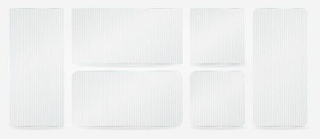 Ribbed glass effect, transparent plastic glossy card frame. Clear shiny textured square plate. Light window plexiglass mirror reflection sheet. Corrugated pattern gradient. 3d rectangular stand vector