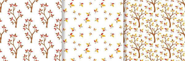 Autumn trees and falling leaves seamless pattern set vector