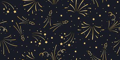 Seamless pattern with gold fireworks and tinsel on dark background vector