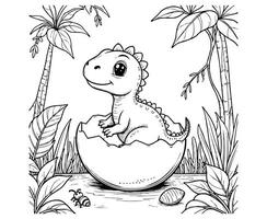 Dinosaur Hatching from Egg with Jungle Coloring Page vector
