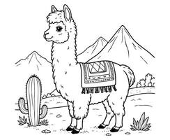 Fluffy Alpaca with Blanket in Mountain Coloring Page for kids vector