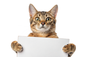 Cat with a blank sign in your hands on white isolated- generated by ai png