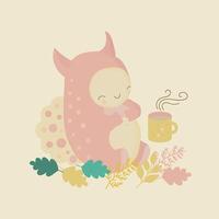 Illustration of a friendly pink monster enjoying a mug of hot cocoa at a tea party in a park vector