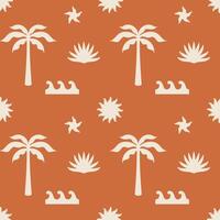 Summer seamless pattern with palm trees, sun, waves, starfish. Boho seamless pattern. Background design. Repeating print for fabric, wrapping paper, textile, wallpaper vector