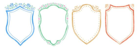 Set of vintage label and badges shape with floral botany elements. Protect shield security frame. Elegant coquette borders in watercolor vector