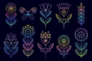 Set of linear style flowers to create different designs.Gradient colors. vector