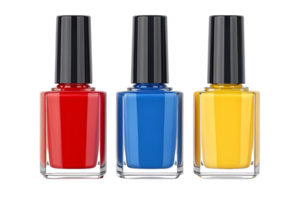 Set of three nail polish bottles in bold colors isolated- 3d rendering png