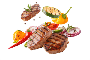 grilled meat with vegetables with bright colors floating isolated, HDR image - generated by ai png