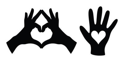 Two hands forming a heart shape and a hand holding a heart, simple silhouette design. vector