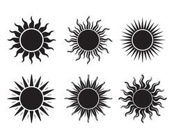 Six black and white sun icons for graphic design vector