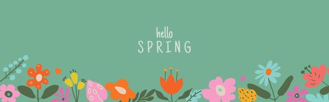Hello Spring' card or horizontal poster for spring holidays featuring wildflowers. A cute floral frame on a soft green background. Hand-drawn template for birthdays, Easter, or Mother's Day dec vector
