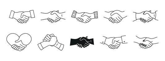 Handshake simple set. A symbol of partnership and agreement for apps, UI, websites, and design elements. Collection of human arms with different handshake variations vector