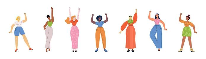 Diverse, happy women standing together, smiling warmly while raising their fists in celebration. A flat illustration representing diversity, unity, and inclusion. Accelerate action, IWD 2025. vector