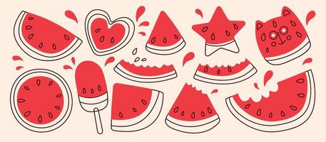 Hand drawn set of watermelons. Line art illustration featuring various stylized watermelon slices. Collection of different shapes, including semicircles, triangles, and hearts. Fresh summer watermelon vector