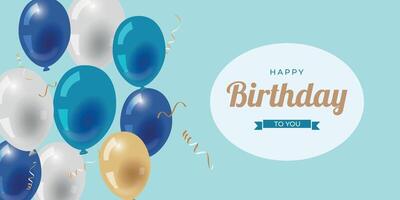 Happy birthday greeting text with blue, gold, and white balloons on a festive background. Realistic shiny helium balloons with confetti on a blue backdrop. vector