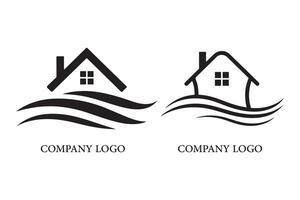 Simple black and white logo of a house with wavy lines, representing real estate or a similar service. vector