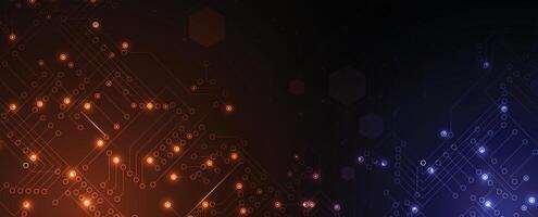 abstract orange and purple background with glowing lights and circuit board vector
