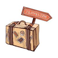 Hand drawn colored sketch of suitcase with signpost with inscription traveling. vector