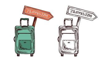Hand drawn colored and monochrome sketch of suitcase with signpost with inscription traveling. Vintage illustration isolated on white background. vector