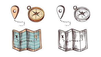 Hand - drawn colored and monochrome sketch of retro compass, geolocation mark and paper map. Vintage illustration isolated on white background. Doodle drawing. vector