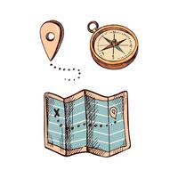 Hand - drawn colored sketch of retro compass, geolocation mark and paper map. Vintage illustration isolated on white background. Doodle drawing. vector