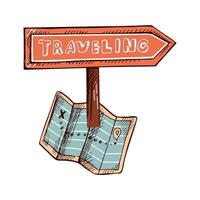 Hand drawn colored sketch of paper map with signpost with inscription traveling. Vintage illustration isolated on white background. Doodle drawing. vector
