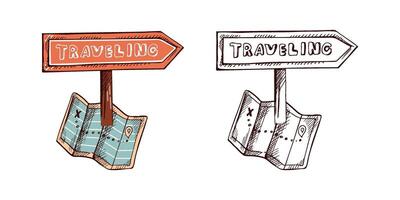 Hand drawn colored and monochrome sketch of paper map with signpost with inscription traveling. Vintage illustration isolated on white background. Doodle drawing. vector